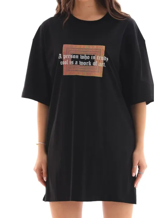 Unisex Bisiklet Yaka Baskılı Oversize T-Shirt - Siyah