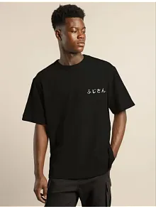 Unisex Bisiklet Yaka Baskılı Oversize T-shirt - Siyah