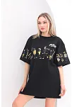 Unisex Bisiklet Yaka Baskılı Oversize T-shirt - Siyah