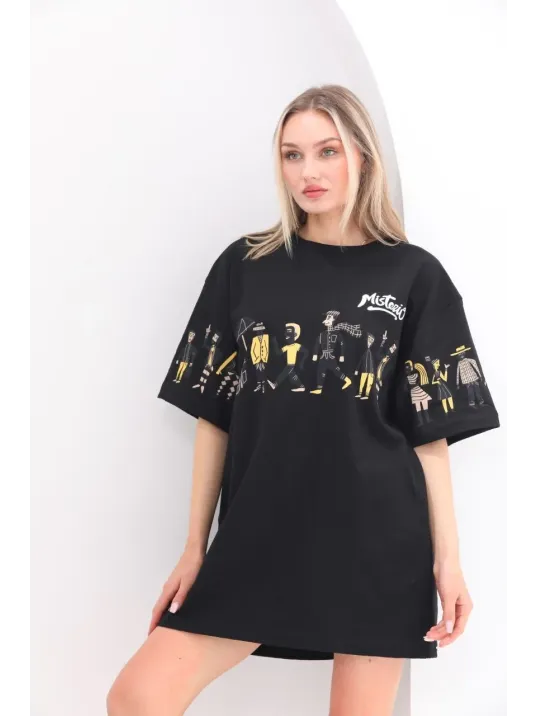 Unisex Bisiklet Yaka Baskılı Oversize T-Shirt - Siyah Unisex Bisiklet Yaka Baskılı Oversize T-Shirt - Siyah