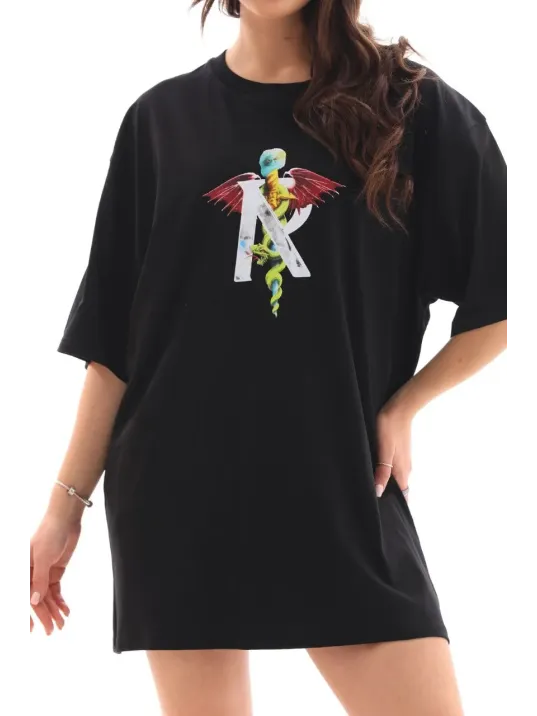 Unisex Bisiklet Yaka Baskılı Oversize T-Shirt - Siyah