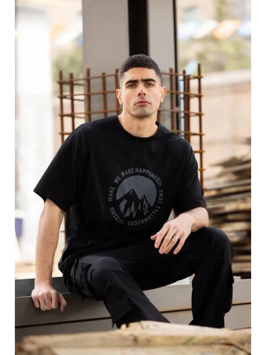 Unisex Bisiklet Yaka Baskılı Oversize T-Shirt - Siyah Unisex Bisiklet Yaka Baskılı Oversize T-Shirt - Siyah