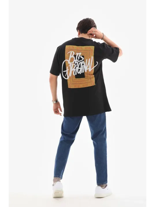 Unisex Bisiklet Yaka Baskılı Oversize T-Shirt - Siyah Unisex Bisiklet Yaka Baskılı Oversize T-Shirt - Siyah