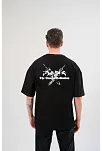 Unisex Bisiklet Yaka Baskılı Oversize T-shirt - Siyah