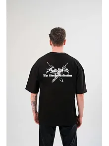 Unisex Bisiklet Yaka Baskılı Oversize T-shirt - Siyah