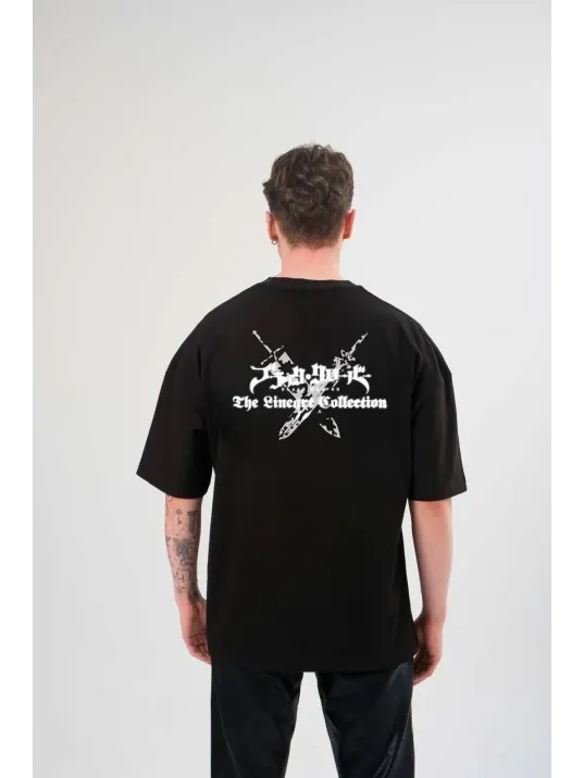 Unisex Bisiklet Yaka Baskılı Oversize T-Shirt - Siyah