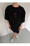 Unisex Bisiklet Yaka Baskılı Oversize T-shirt - Siyah