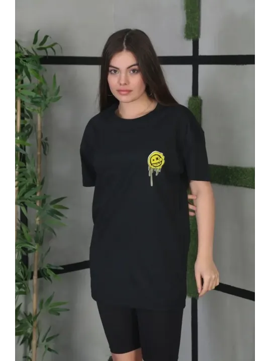 Unisex Bisiklet Yaka Baskılı Oversize T-Shirt - Siyah Unisex Bisiklet Yaka Baskılı Oversize T-Shirt - Siyah