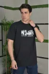 Unisex Bisiklet Yaka Baskılı Oversize T-shirt - Siyah