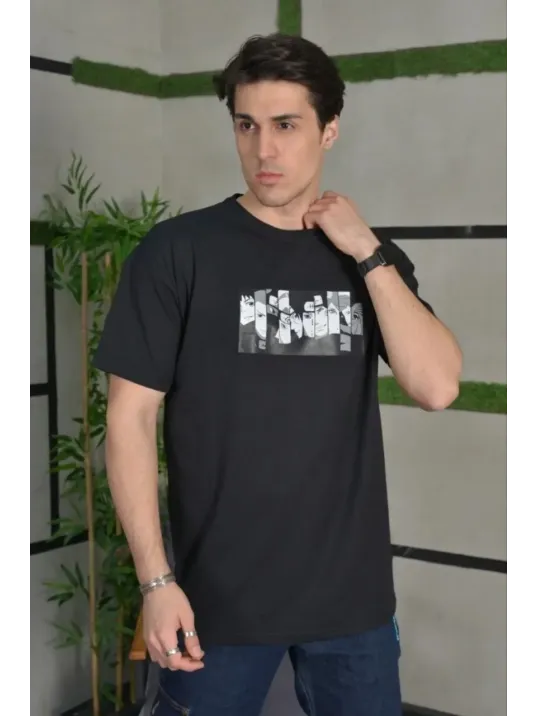 Unisex Bisiklet Yaka Baskılı Oversize T-Shirt - Siyah Unisex Bisiklet Yaka Baskılı Oversize T-Shirt - Siyah