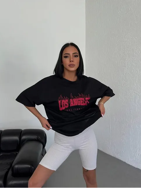 Unisex Bisiklet Yaka Baskılı Oversize T-shirt - Siyah
