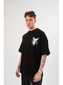 Unisex Bisiklet Yaka Baskılı Oversize T-shirt - Siyah
