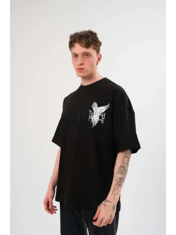 Unisex Bisiklet Yaka Baskılı Oversize T-Shirt - Siyah Unisex Bisiklet Yaka Baskılı Oversize T-Shirt - Siyah
