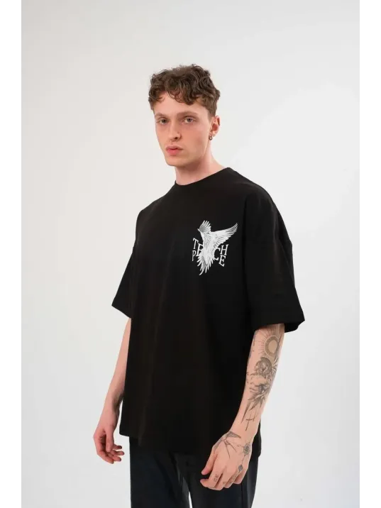Unisex Bisiklet Yaka Baskılı Oversize T-Shirt - Siyah Unisex Bisiklet Yaka Baskılı Oversize T-Shirt - Siyah