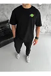 Unisex Bisiklet Yaka Baskılı Oversize T-shirt - Siyah
