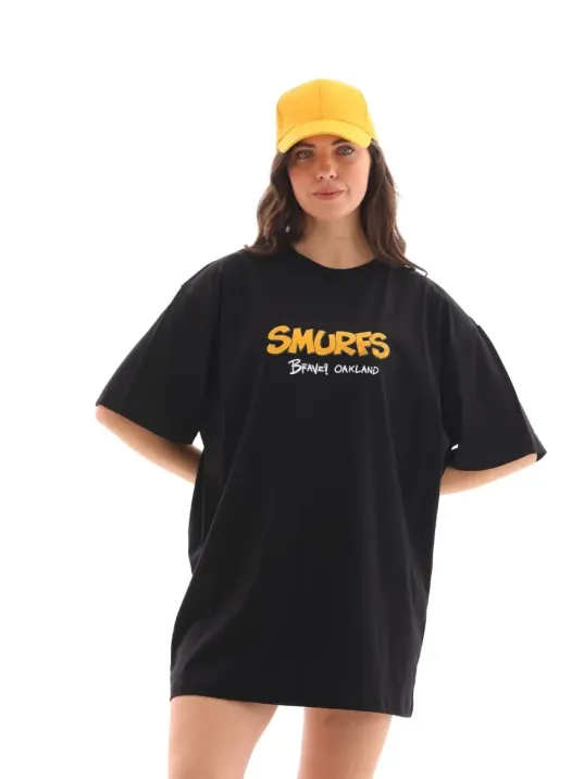 Unisex Bisiklet Yaka Baskılı Oversize T-Shirt - Siyah