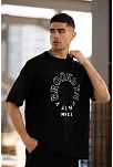 Unisex Bisiklet Yaka Baskılı Oversize T-shirt - Siyah