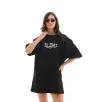 Unisex Bisiklet Yaka Baskılı Oversize T-Shirt - Siyah