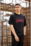 Unisex Bisiklet Yaka Baskılı Oversize T-shirt - Siyah