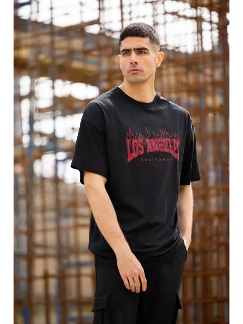 Unisex Bisiklet Yaka Baskılı Oversize T-shirt - Siyah
