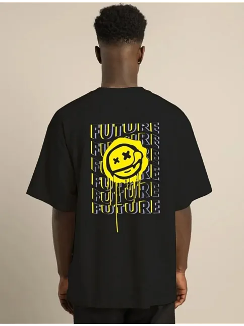 Unisex Bisiklet Yaka Baskılı Oversize T-shirt - Siyah