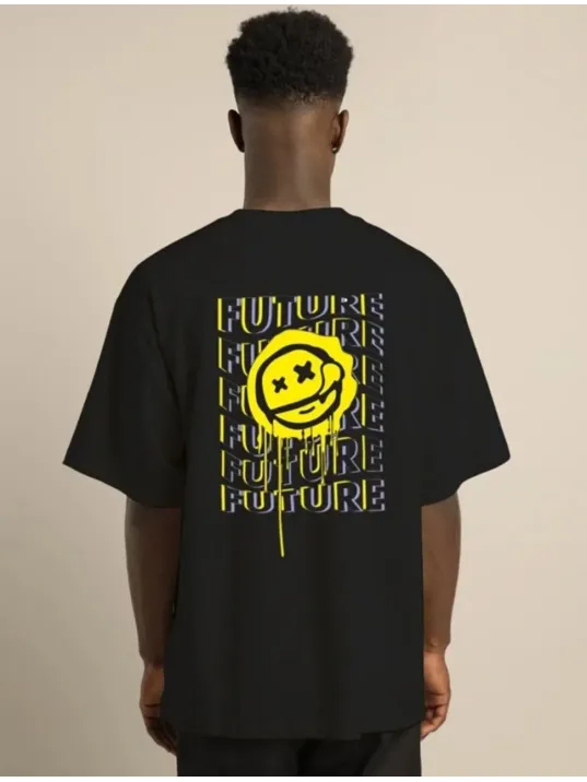 Unisex Bisiklet Yaka Baskılı Oversize T-Shirt - Siyah Unisex Bisiklet Yaka Baskılı Oversize T-Shirt - Siyah