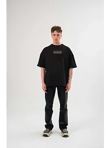 Unisex Bisiklet Yaka Baskılı Oversize T-shirt - Siyah
