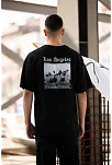 Unisex Bisiklet Yaka Baskılı Oversize T-shirt - Siyah