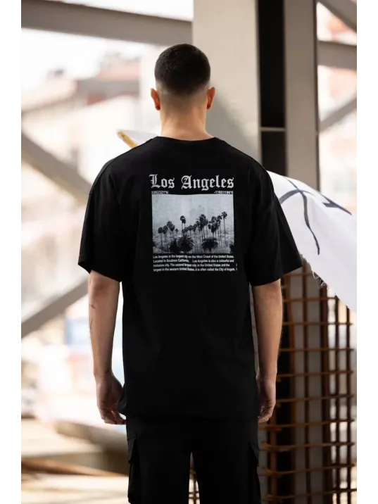 Unisex Bisiklet Yaka Baskılı Oversize T-Shirt - Siyah