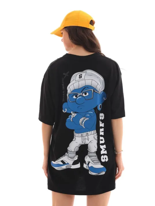 Unisex Bisiklet Yaka Baskılı Oversize T-Shirt - Siyah