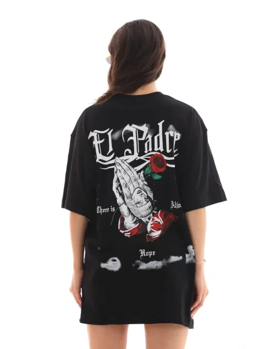 Unisex Bisiklet Yaka Baskılı Oversize T-Shirt - Siyah