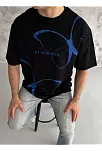 Unisex Bisiklet Yaka Baskılı Oversize T-shirt - Siyah