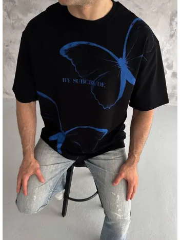 Unisex Bisiklet Yaka Baskılı Oversize T-shirt - Siyah