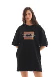 Unisex Bisiklet Yaka Baskılı Oversize T-shirt - Siyah