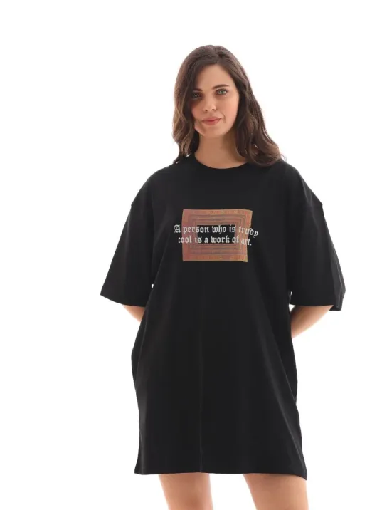 Unisex Bisiklet Yaka Baskılı Oversize T-Shirt - Siyah