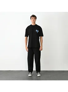 Unisex Bisiklet Yaka Baskılı Oversize T-shirt - Siyah