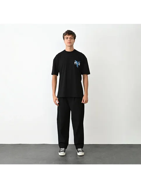 Unisex Bisiklet Yaka Baskılı Oversize T-shirt - Siyah