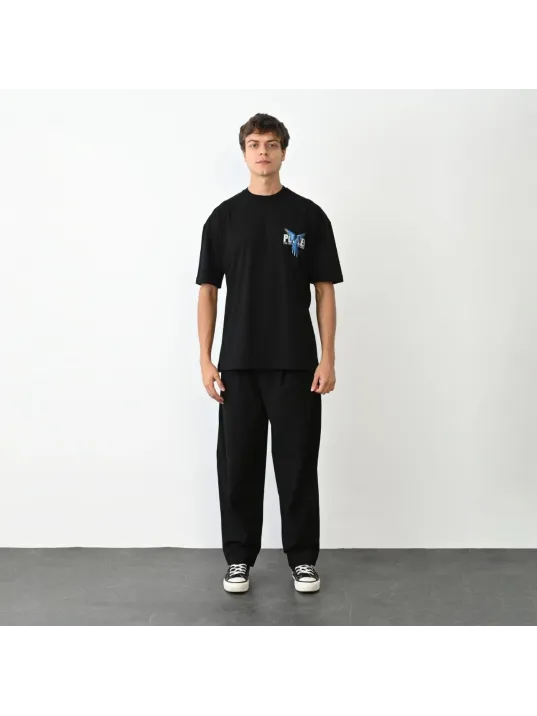 Unisex Bisiklet Yaka Baskılı Oversize T-Shirt - Siyah Unisex Bisiklet Yaka Baskılı Oversize T-Shirt - Siyah