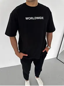 Unisex Bisiklet Yaka Baskılı Oversize T-shirt - Siyah