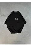 Unisex Bisiklet Yaka Baskılı Oversize T-shirt - Siyah