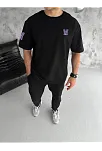 Unisex Bisiklet Yaka Baskılı Oversize T-shirt - Siyah