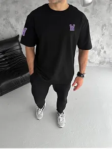 Unisex Bisiklet Yaka Baskılı Oversize T-shirt - Siyah