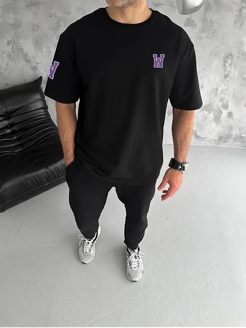 Unisex Bisiklet Yaka Baskılı Oversize T-shirt - Siyah