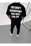 Unisex Bisiklet Yaka Baskılı Oversize T-shirt - Siyah
