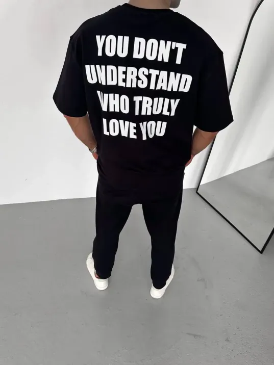 Unisex Bisiklet Yaka Baskılı Oversize T-Shirt - Siyah Unisex Bisiklet Yaka Baskılı Oversize T-Shirt - Siyah