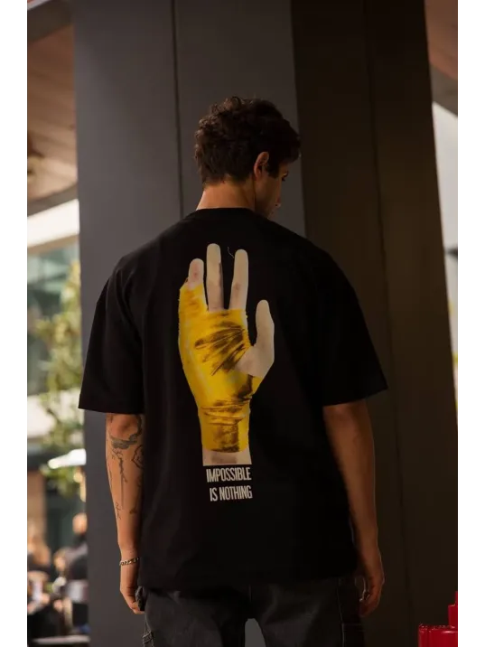 Unisex Bisiklet Yaka Baskılı Oversize T-Shirt - Siyah Unisex Bisiklet Yaka Baskılı Oversize T-Shirt - Siyah