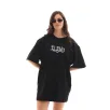 Unisex Bisiklet Yaka Baskılı Oversize T-Shirt - Siyah