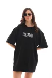 Unisex Bisiklet Yaka Baskılı Oversize T-shirt - Siyah