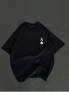 Unisex Bisiklet Yaka Baskılı Oversize T-shirt - Siyah