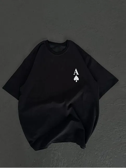 Unisex Bisiklet Yaka Baskılı Oversize T-shirt - Siyah